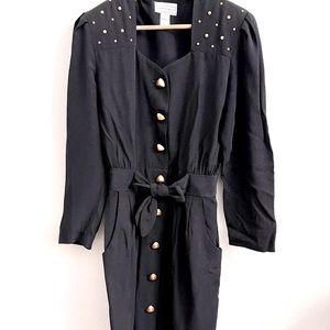 Vintage Studded Gold Buttons Long Sleeves 80s 90s Black Mini Long Sleeve Dress